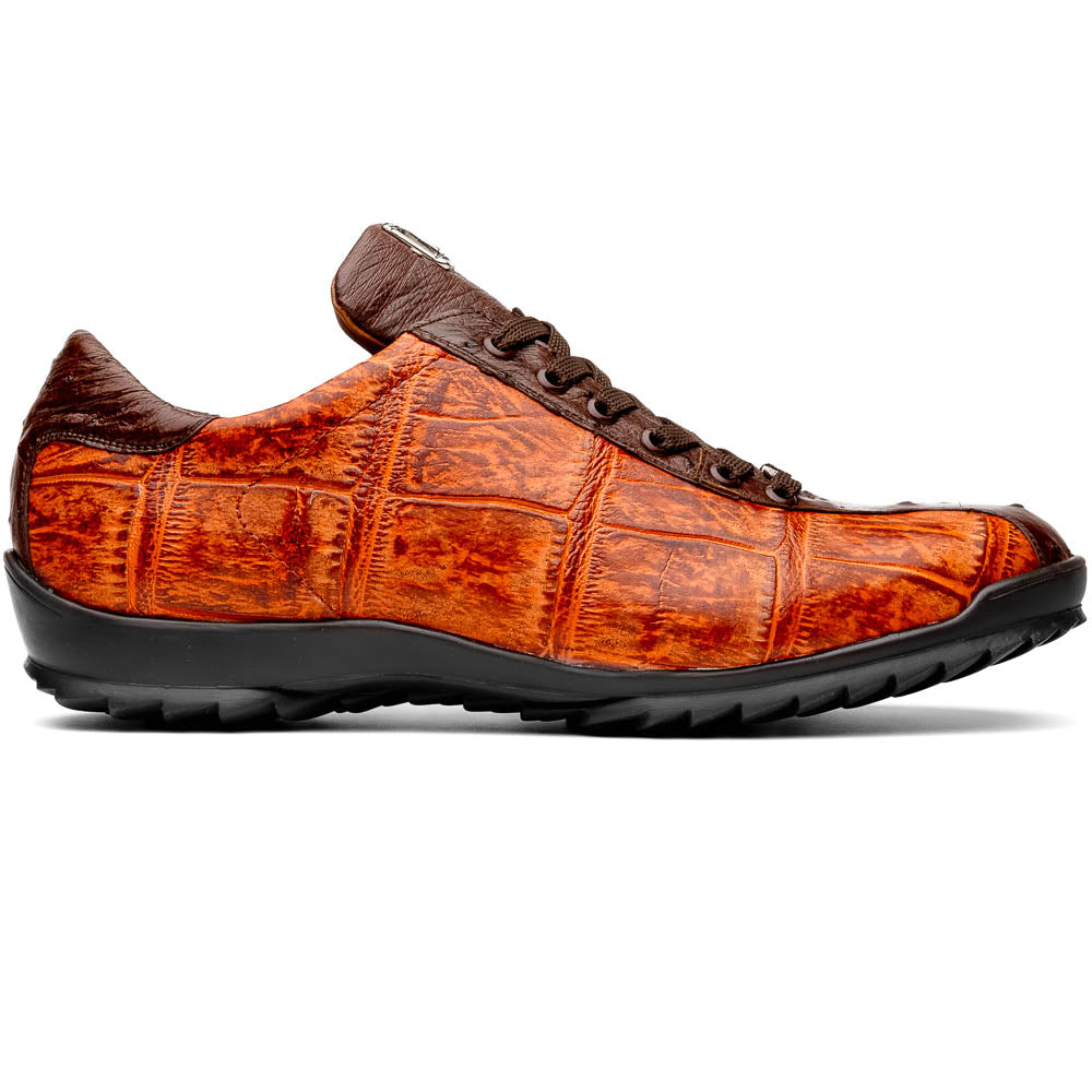 The Saulo Brandy / Brown sneakers by Marco Di Milano feature genuine brown alligator, black soles, dark brown laces, and metallic logo accents—luxury men's footwear displayed against a white background.