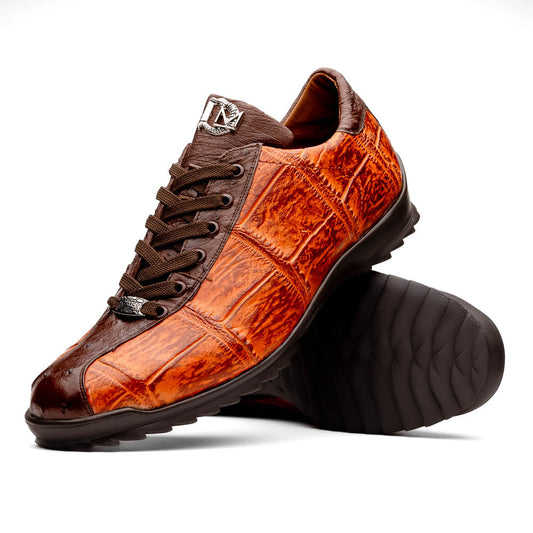 The Saulo Brandy / Brown sneakers by Marco Di Milano feature genuine brown alligator, black soles, dark brown laces, and metallic logo accents—luxury men's footwear displayed against a white background.