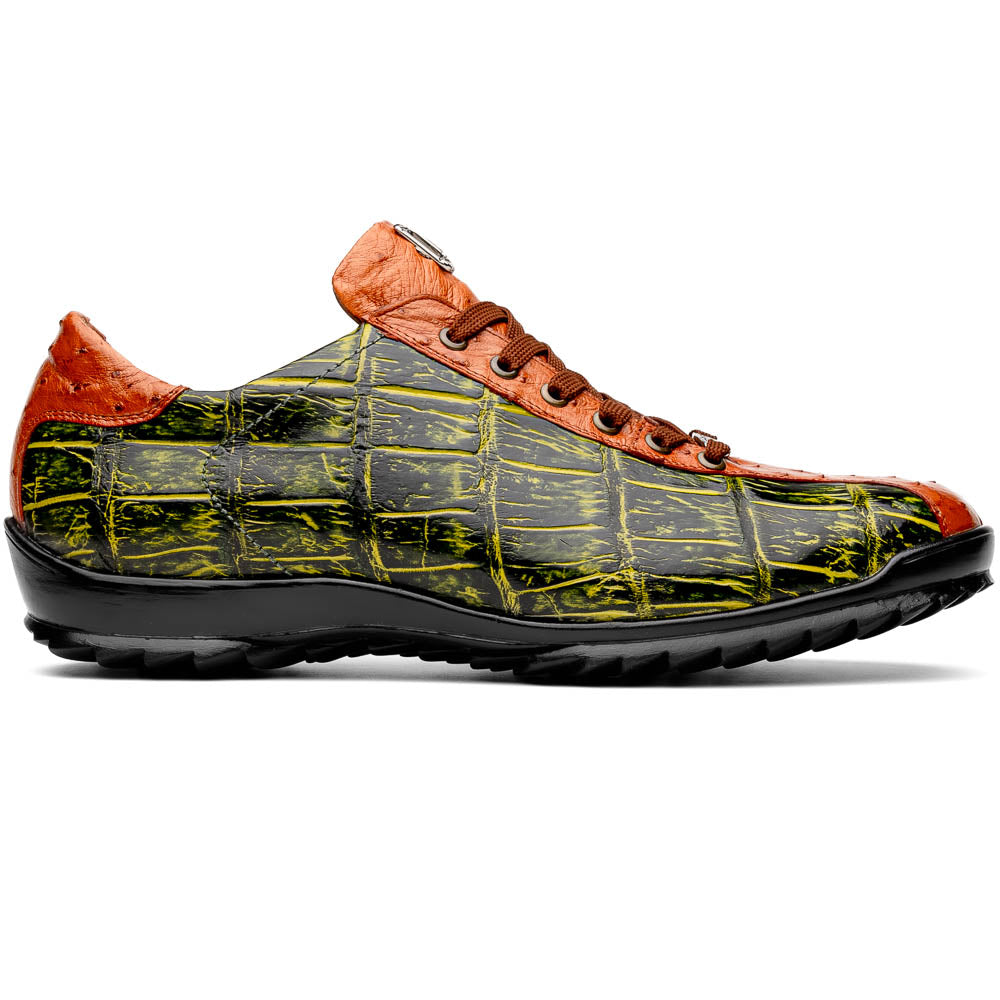 The Saulo Green / Cognac by Marco Di Milano is a luxury men's sneaker with an orange and green crocodile pattern, brown laces, black sole, and metallic tongue emblem—ideal for those wanting an authentic alligator look.