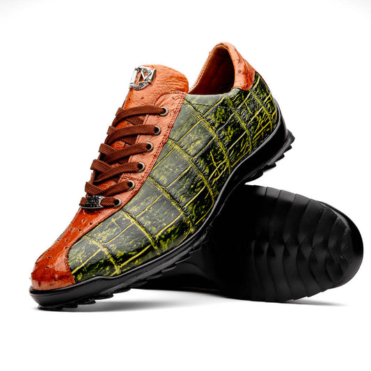 The Saulo Green / Cognac by Marco Di Milano is a luxury men's sneaker with an orange and green crocodile pattern, brown laces, black sole, and metallic tongue emblem—ideal for those wanting an authentic alligator look.