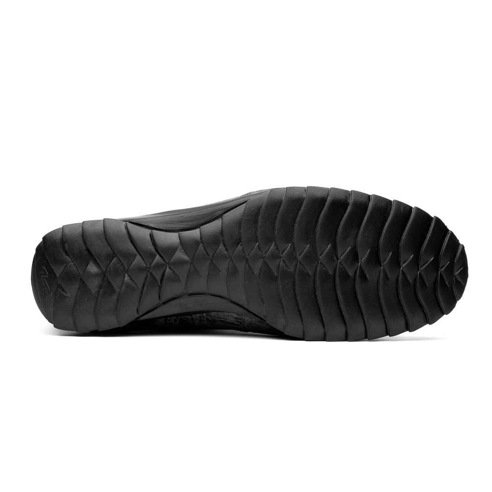 The Saulo Newspaper / Black sneakers by Marco Di Milano are luxury men's shoes featuring a black and white crocodile pattern, black laces, and a textured sole, showcased on a white background.