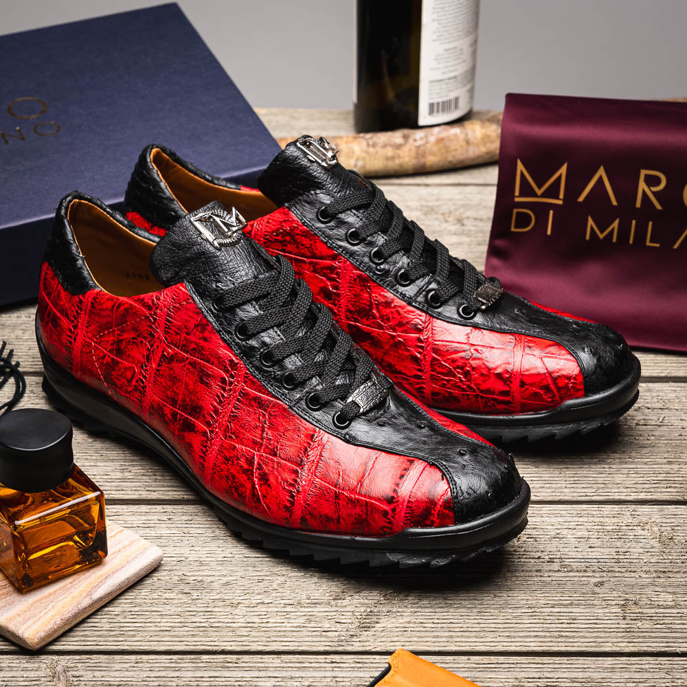 The Saulo BlackCherry by Marco Di Milano features red and black crocodile-patterned leather, black laces, and textured black rubber soles—making a bold statement in luxury men's footwear.