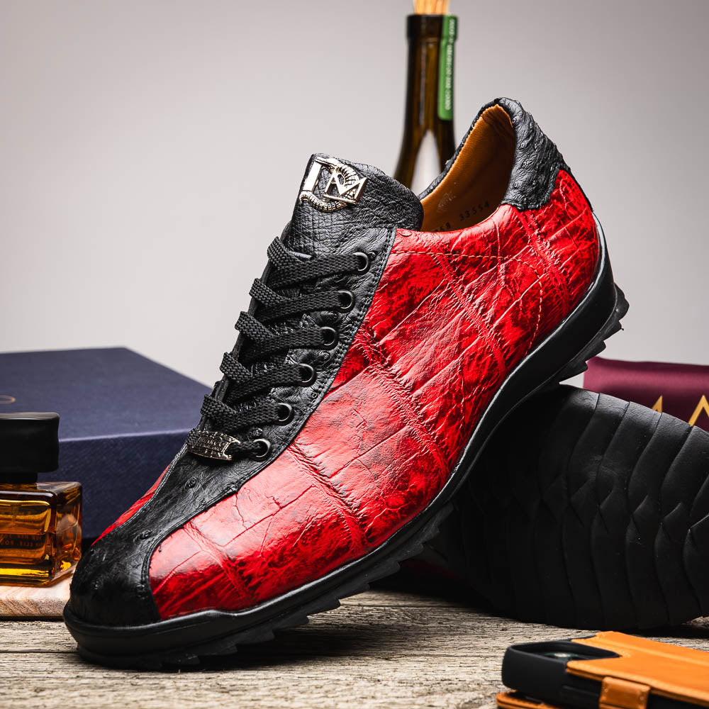 The Saulo BlackCherry by Marco Di Milano features red and black crocodile-patterned leather, black laces, and textured black rubber soles—making a bold statement in luxury men's footwear.