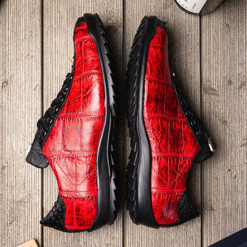The Saulo BlackCherry by Marco Di Milano features red and black crocodile-patterned leather, black laces, and textured black rubber soles—making a bold statement in luxury men's footwear.