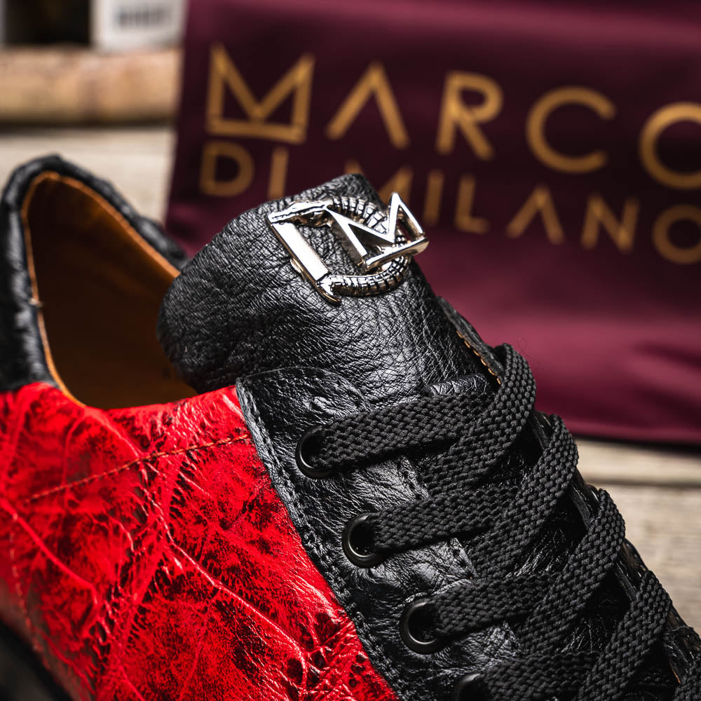 The Saulo BlackCherry by Marco Di Milano features red and black crocodile-patterned leather, black laces, and textured black rubber soles—making a bold statement in luxury men's footwear.