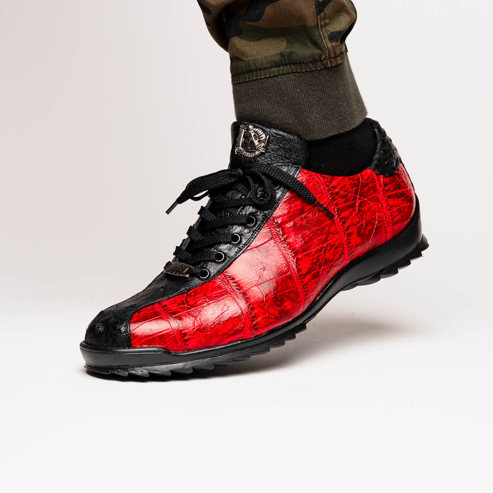 The Saulo BlackCherry by Marco Di Milano features red and black crocodile-patterned leather, black laces, and textured black rubber soles—making a bold statement in luxury men's footwear.