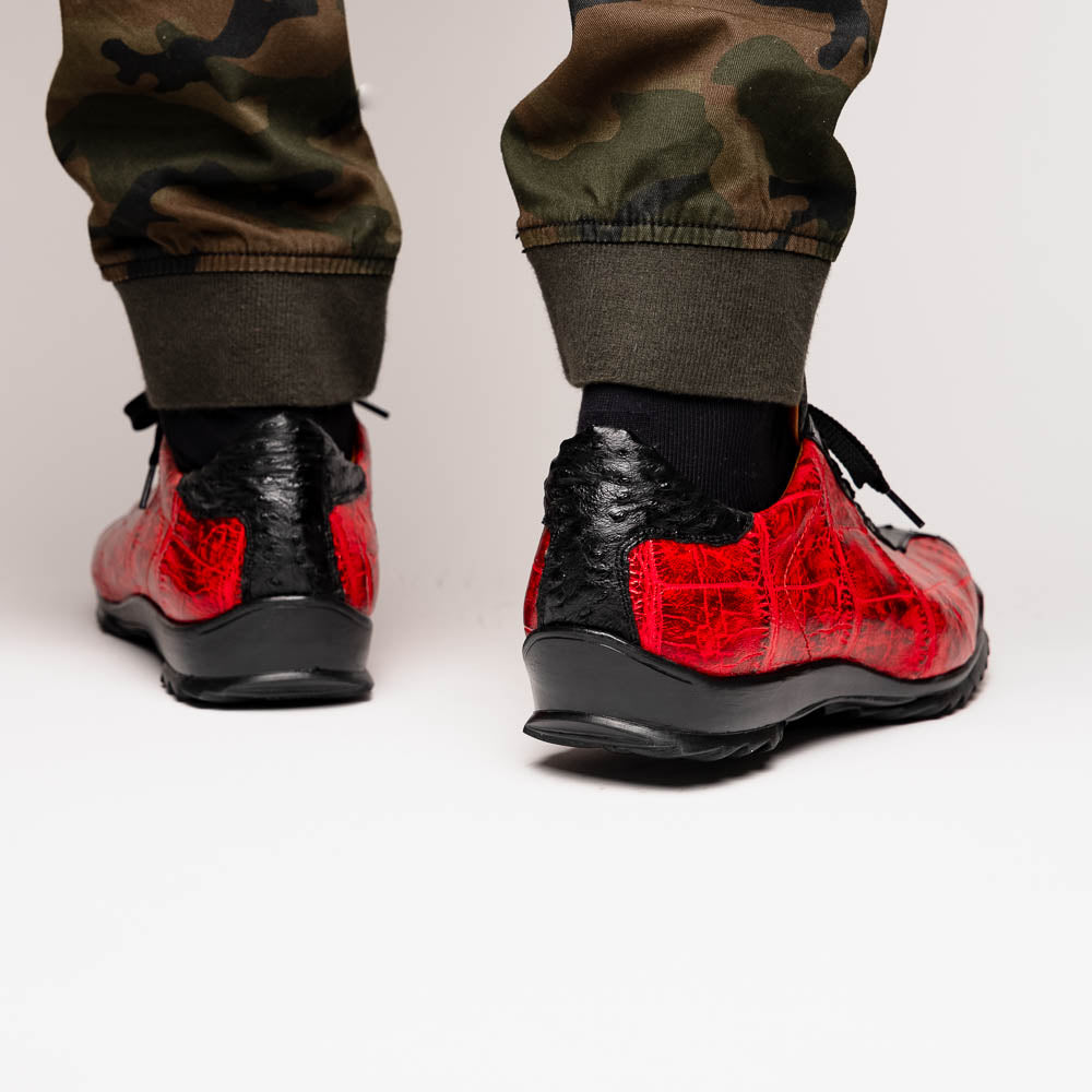 The Saulo BlackCherry by Marco Di Milano features red and black crocodile-patterned leather, black laces, and textured black rubber soles—making a bold statement in luxury men's footwear.