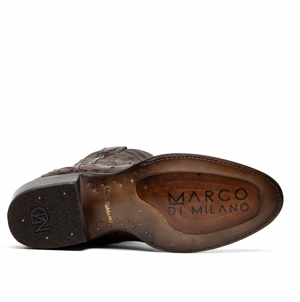 A pair of Marco Di Milano Savannah Kango Tabac boots in brown full-quill ostrich leather, one upright and the other on its side revealing the sole with the "Marco Di Milano" logo.