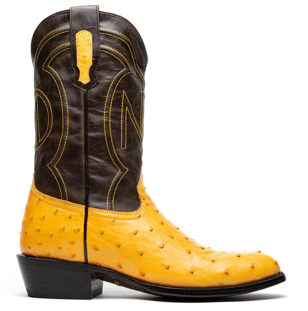 Savannah Buttercup by Marco Di Milano: two-tone Western cowboy boots featuring yellow genuine ostrich leather foot, dark brown leather shaft, yellow stitching, and branded sole.