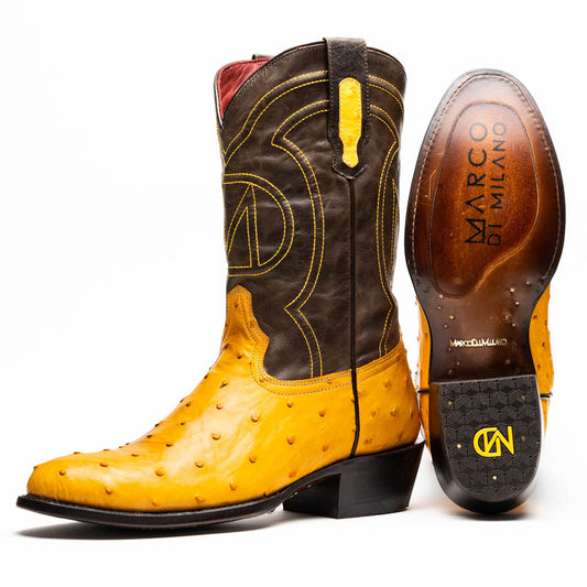 Savannah Buttercup by Marco Di Milano: two-tone Western cowboy boots featuring yellow genuine ostrich leather foot, dark brown leather shaft, yellow stitching, and branded sole.