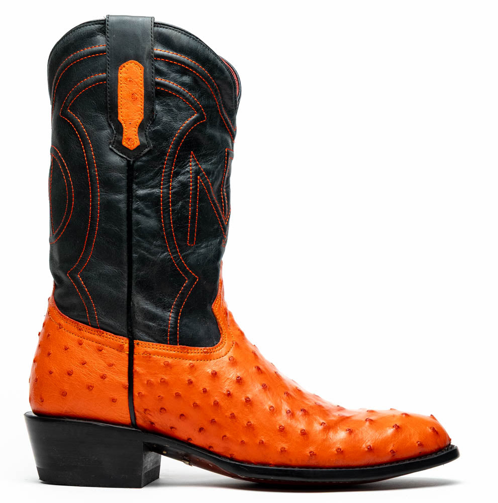 The Savannah Orange boots by Marco Di Milano feature orange ostrich leather lowers, black genuine leather uppers, intricate stitching, and branded soles.