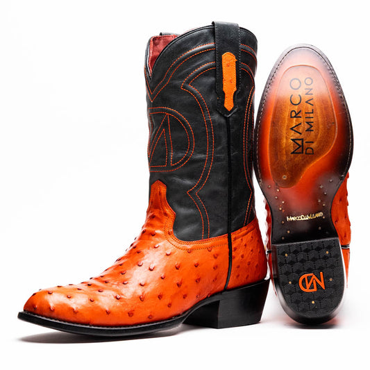 The Savannah Orange boots by Marco Di Milano feature orange ostrich leather lowers, black genuine leather uppers, intricate stitching, and branded soles.