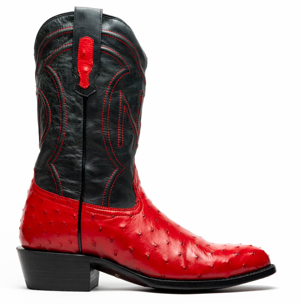 The Savannah Red by Marco Di Milano is a handcrafted western boot with red genuine full-quill ostrich leather, a black upper shaft accented with red stitching, and the Marco Di Milano logo featured on the sole.