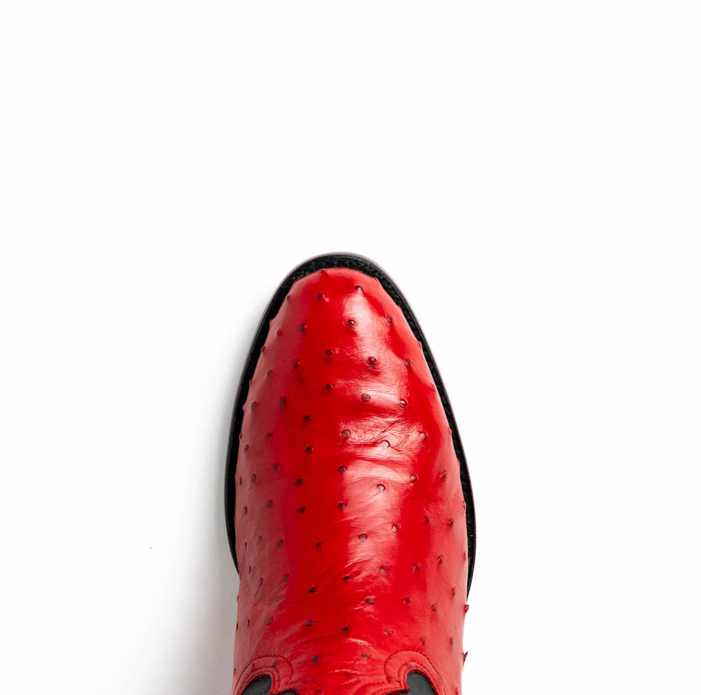 The Savannah Red by Marco Di Milano is a handcrafted western boot with red genuine full-quill ostrich leather, a black upper shaft accented with red stitching, and the Marco Di Milano logo featured on the sole.