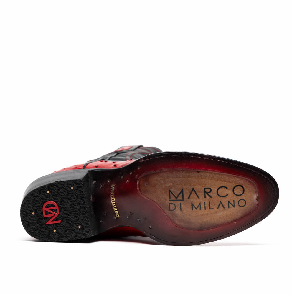 The Savannah Red by Marco Di Milano is a handcrafted western boot with red genuine full-quill ostrich leather, a black upper shaft accented with red stitching, and the Marco Di Milano logo featured on the sole.