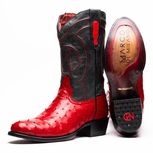 The Savannah Red by Marco Di Milano is a handcrafted western boot with red genuine full-quill ostrich leather, a black upper shaft accented with red stitching, and the Marco Di Milano logo featured on the sole.