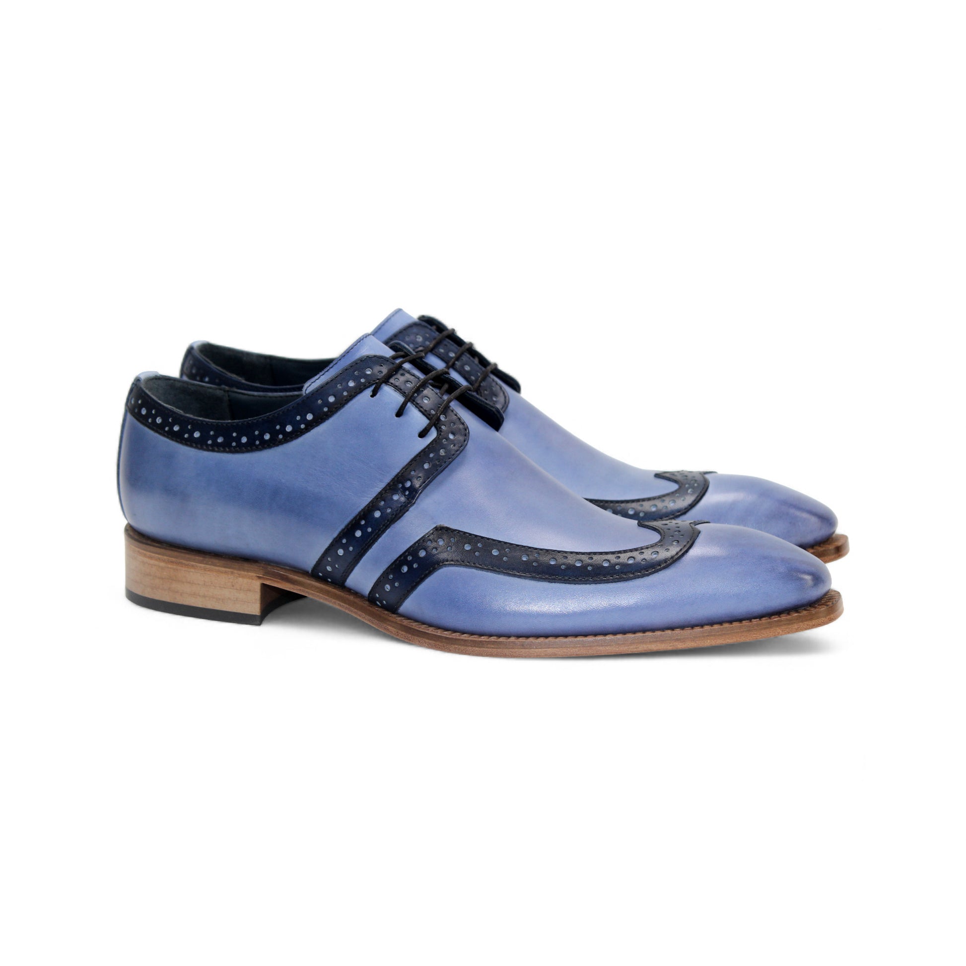 The Duca Di Matiste Duca Savona L.Blue/Blue is a blue genuine leather dress shoe with black detailing, black laces, and a brown wooden sole, displayed from the side on a white background.