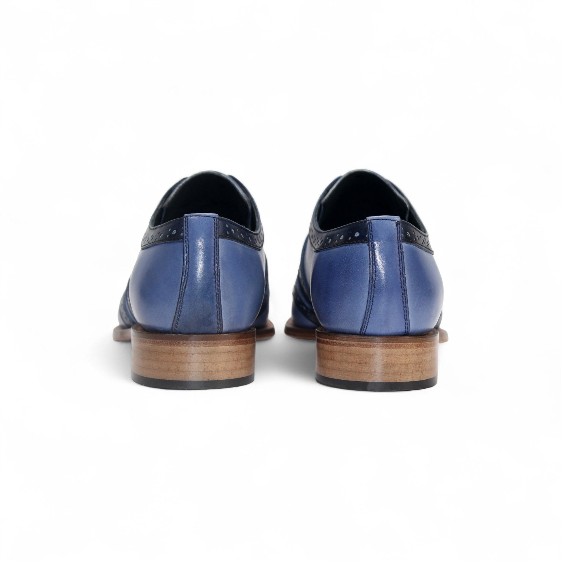 The Duca Di Matiste Duca Savona L.Blue/Blue is a blue genuine leather dress shoe with black detailing, black laces, and a brown wooden sole, displayed from the side on a white background.