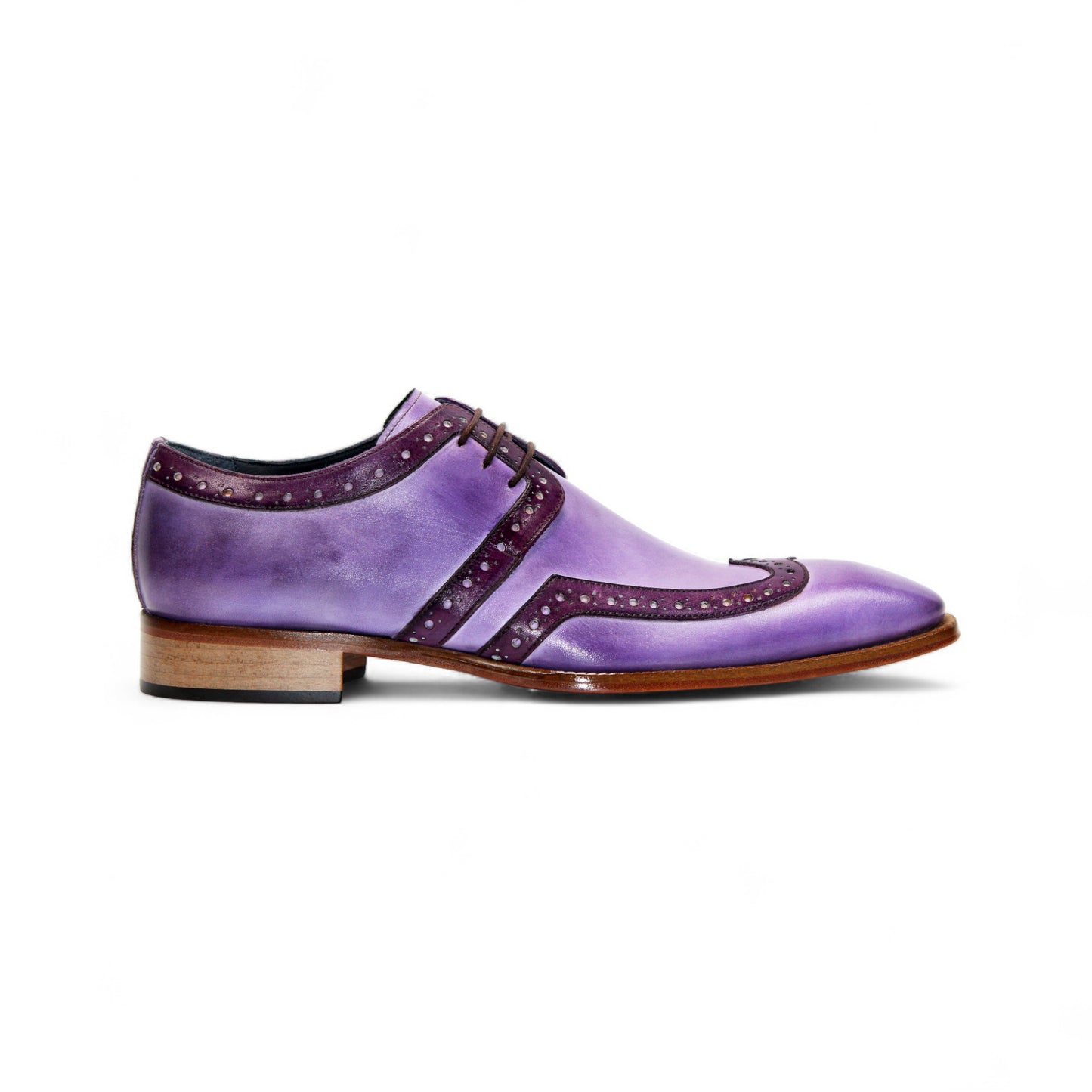The Duca Di Matiste Duca Savona Lavender/Purple is a genuine leather dress shoe with dark purple detailing, brown sole, and laces—ideal for those seeking minimalist style with a distinctive touch. Shown in profile on a white background.