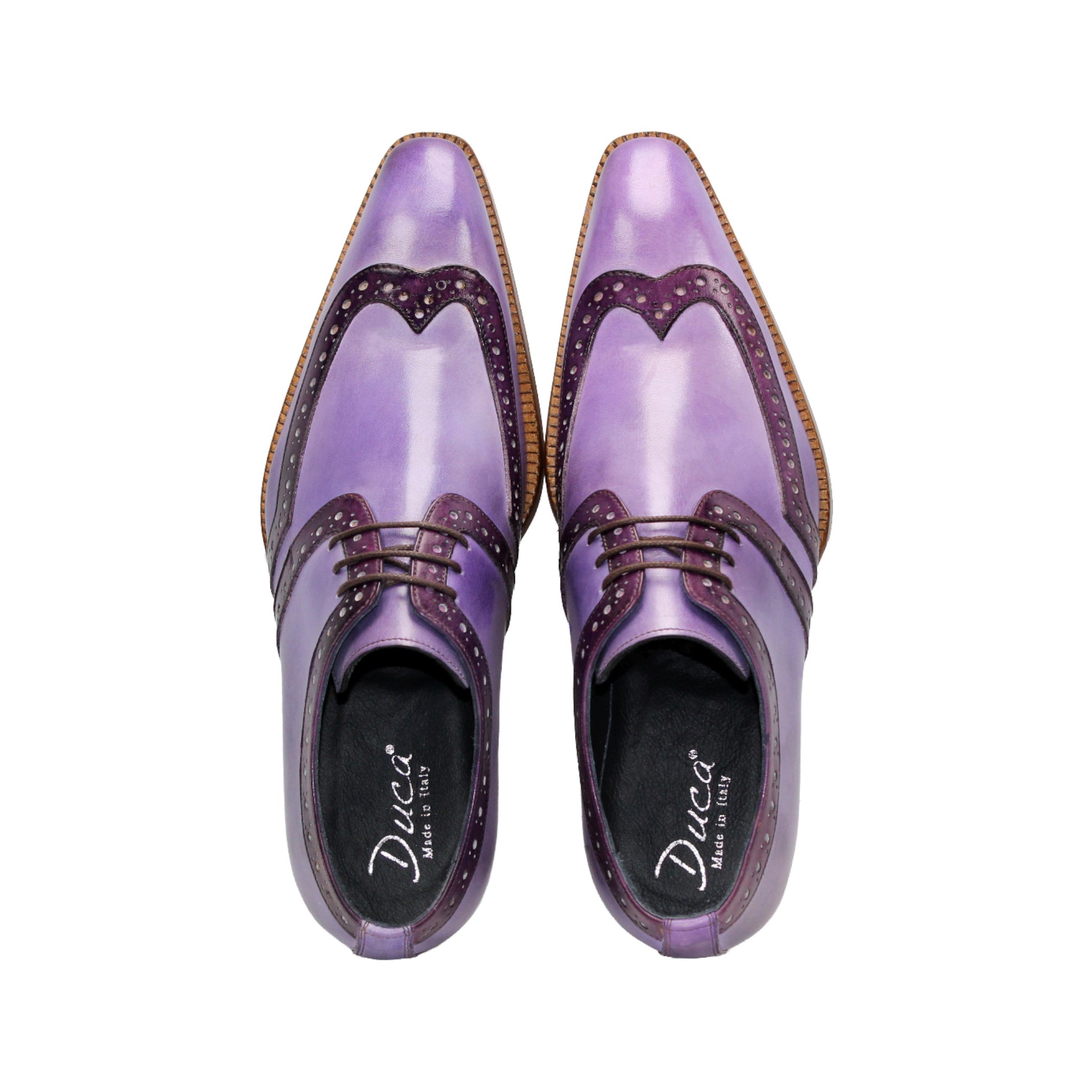 The Duca Di Matiste Duca Savona Lavender/Purple is a genuine leather dress shoe with dark purple detailing, brown sole, and laces—ideal for those seeking minimalist style with a distinctive touch. Shown in profile on a white background.