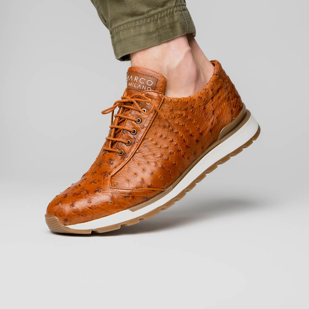 The Scanno Antique Cognac by Marco Di Milano is a brown leather sneaker with an ostrich-patterned, hand-painted finish, white midsole, brown outsole, and brand logo on the tongue—ideal for genuine ostrich quill sneaker fans. Photographed on a plain background.