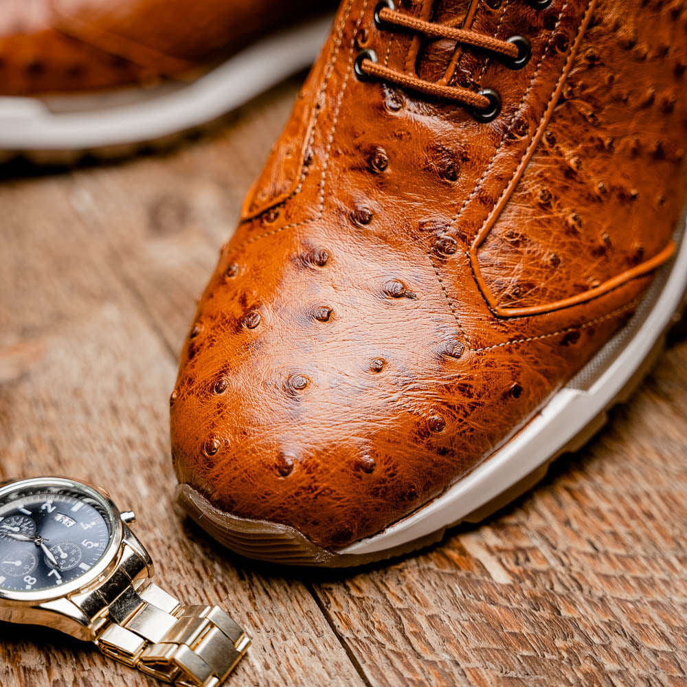 The Scanno Antique Cognac by Marco Di Milano is a brown leather sneaker with an ostrich-patterned, hand-painted finish, white midsole, brown outsole, and brand logo on the tongue—ideal for genuine ostrich quill sneaker fans. Photographed on a plain background.