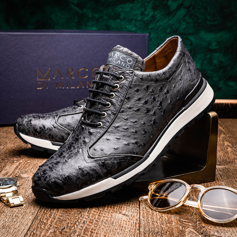 The Marco Di Milano Scanno Antique Gray sneakers feature genuine ostrich quill leather with a hand painted finish, black leather accents, white midsoles, and black rubber outsoles, displayed against a plain white background.