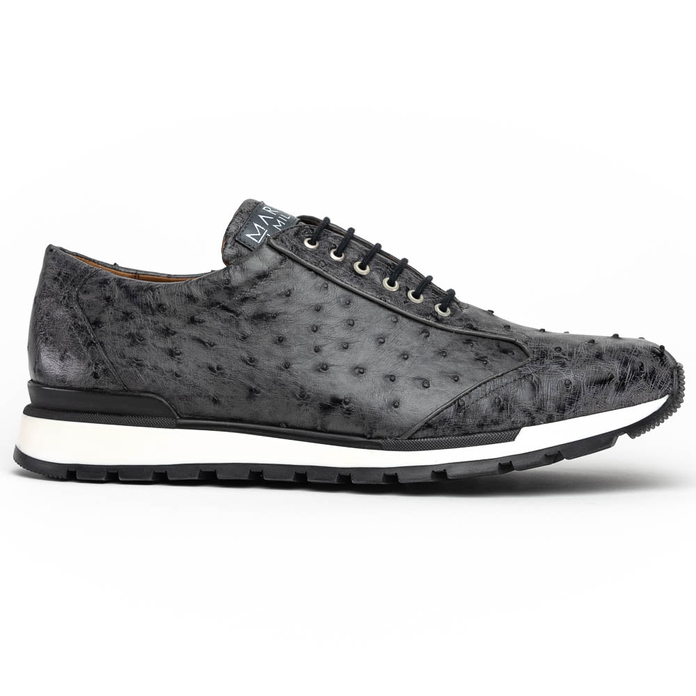 The Marco Di Milano Scanno Antique Gray sneakers feature genuine ostrich quill leather with a hand painted finish, black leather accents, white midsoles, and black rubber outsoles, displayed against a plain white background.