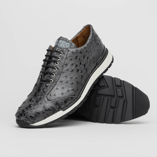 The Marco Di Milano Scanno Antique Gray sneakers feature genuine ostrich quill leather with a hand painted finish, black leather accents, white midsoles, and black rubber outsoles, displayed against a plain white background.