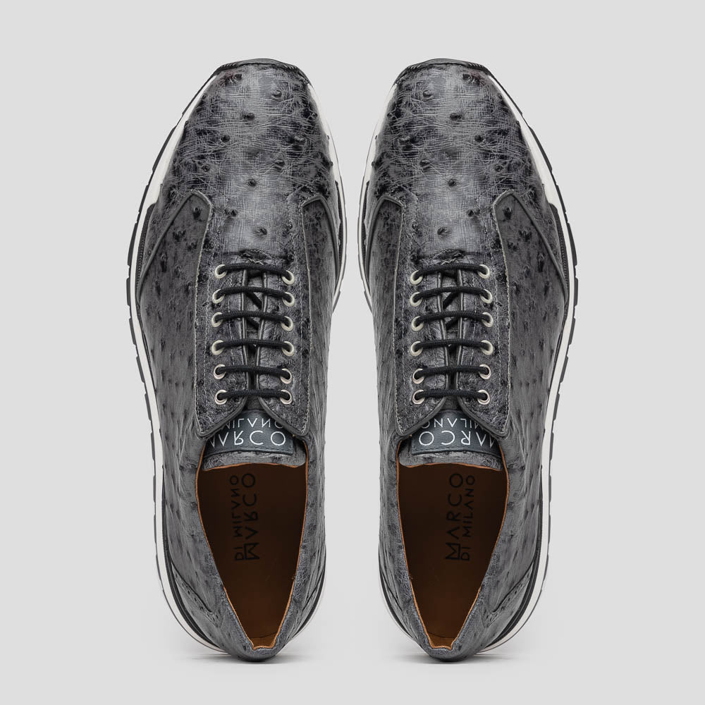 The Marco Di Milano Scanno Antique Gray sneakers feature genuine ostrich quill leather with a hand painted finish, black leather accents, white midsoles, and black rubber outsoles, displayed against a plain white background.