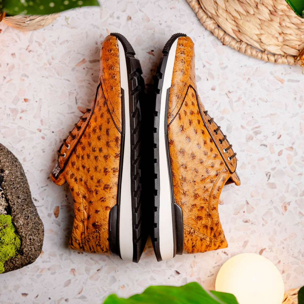 The Scanno Antique Paja sneakers by Marco Di Milano feature real ostrich quill leather with a hand-painted finish, brown leather, black laces, and white-accented soles—one shoe propped on the other against a white background.