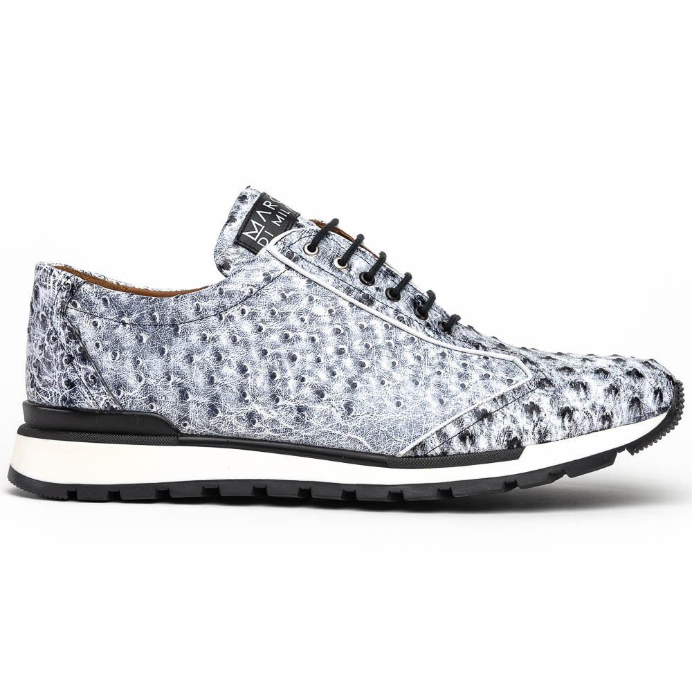 The Marco Di Milano Scanno Newspaper sneakers feature a luxurious hand-painted white and black textured lace-up design with thick black rubber soles, displayed against a plain white background.