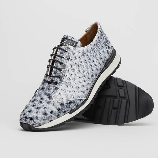 The Marco Di Milano Scanno Newspaper sneakers feature a luxurious hand-painted white and black textured lace-up design with thick black rubber soles, displayed against a plain white background.