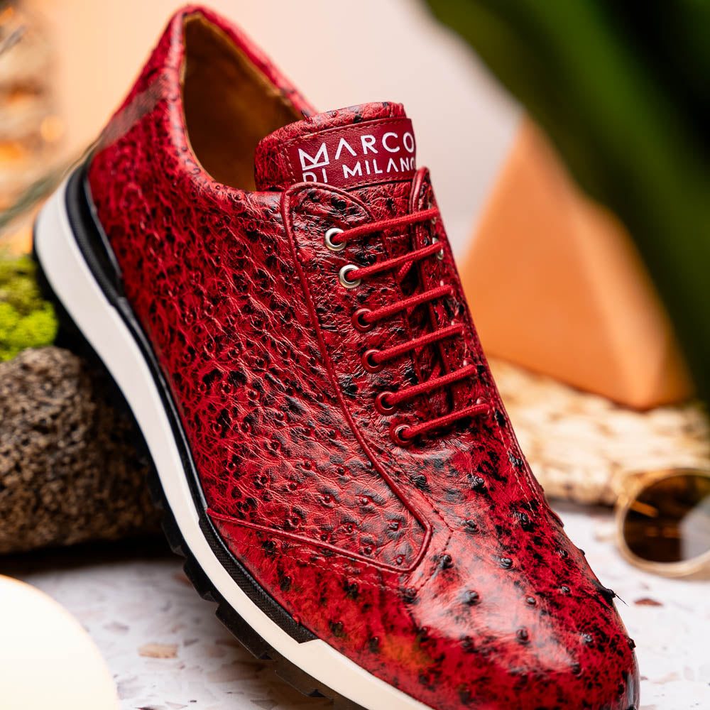 The Marco Di Milano Scanno Antique Red is a luxury fashion sneaker in textured genuine ostrich quill leather with black and white rubber soles, shown upright and on its side against a plain white background.