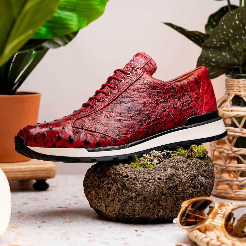 The Marco Di Milano Scanno Antique Red is a luxury fashion sneaker in textured genuine ostrich quill leather with black and white rubber soles, shown upright and on its side against a plain white background.