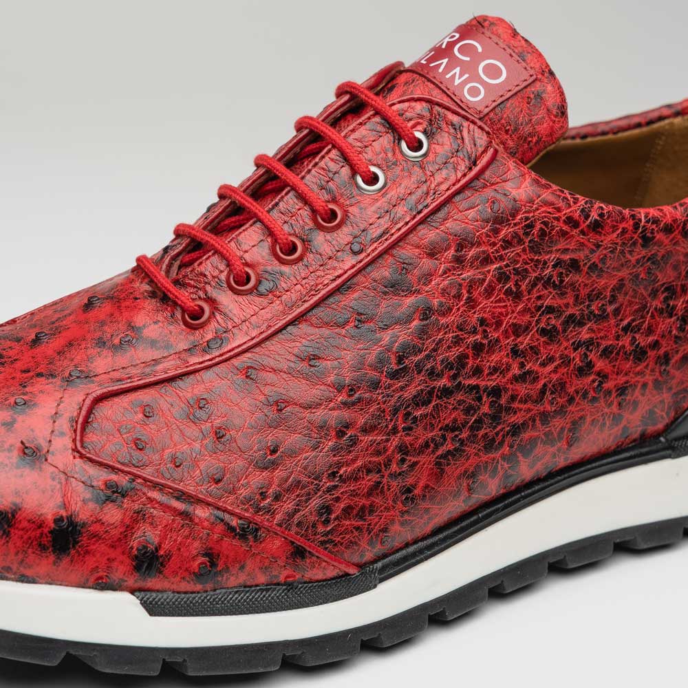 The Marco Di Milano Scanno Antique Red is a luxury fashion sneaker in textured genuine ostrich quill leather with black and white rubber soles, shown upright and on its side against a plain white background.