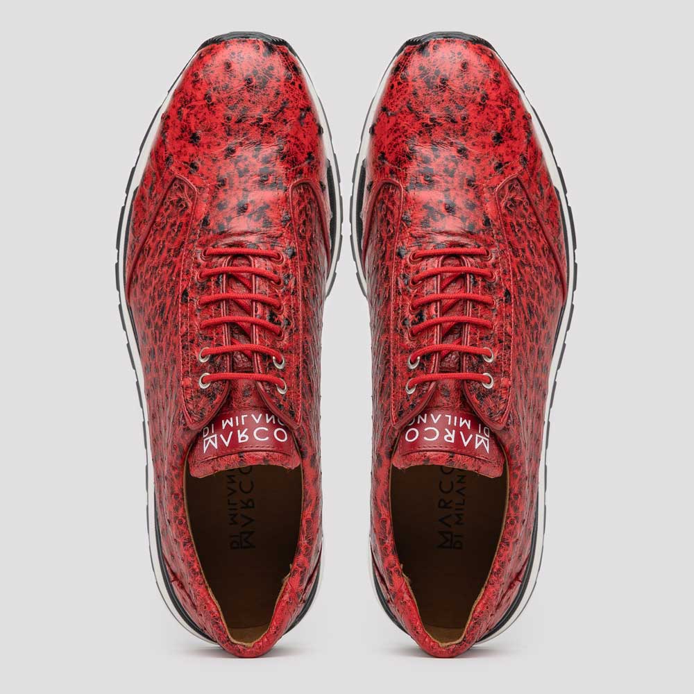 The Marco Di Milano Scanno Antique Red is a luxury fashion sneaker in textured genuine ostrich quill leather with black and white rubber soles, shown upright and on its side against a plain white background.