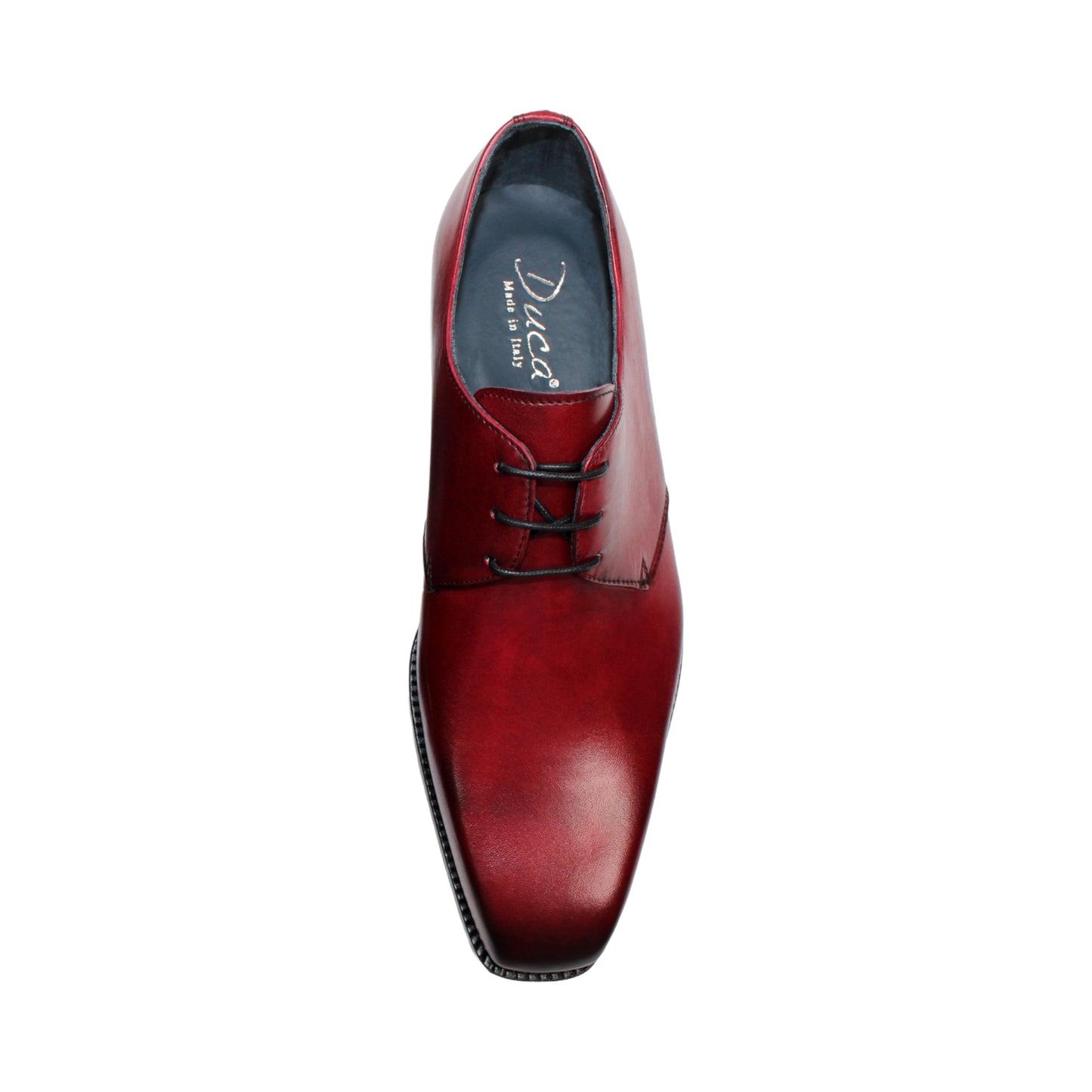 The Duca Di Matiste Duca Sermoneta Antique Red is a premium Italian calf leather dress shoe in red, featuring black laces and a black sole. Displayed in profile on white, it's ideal for classic elegance lovers.