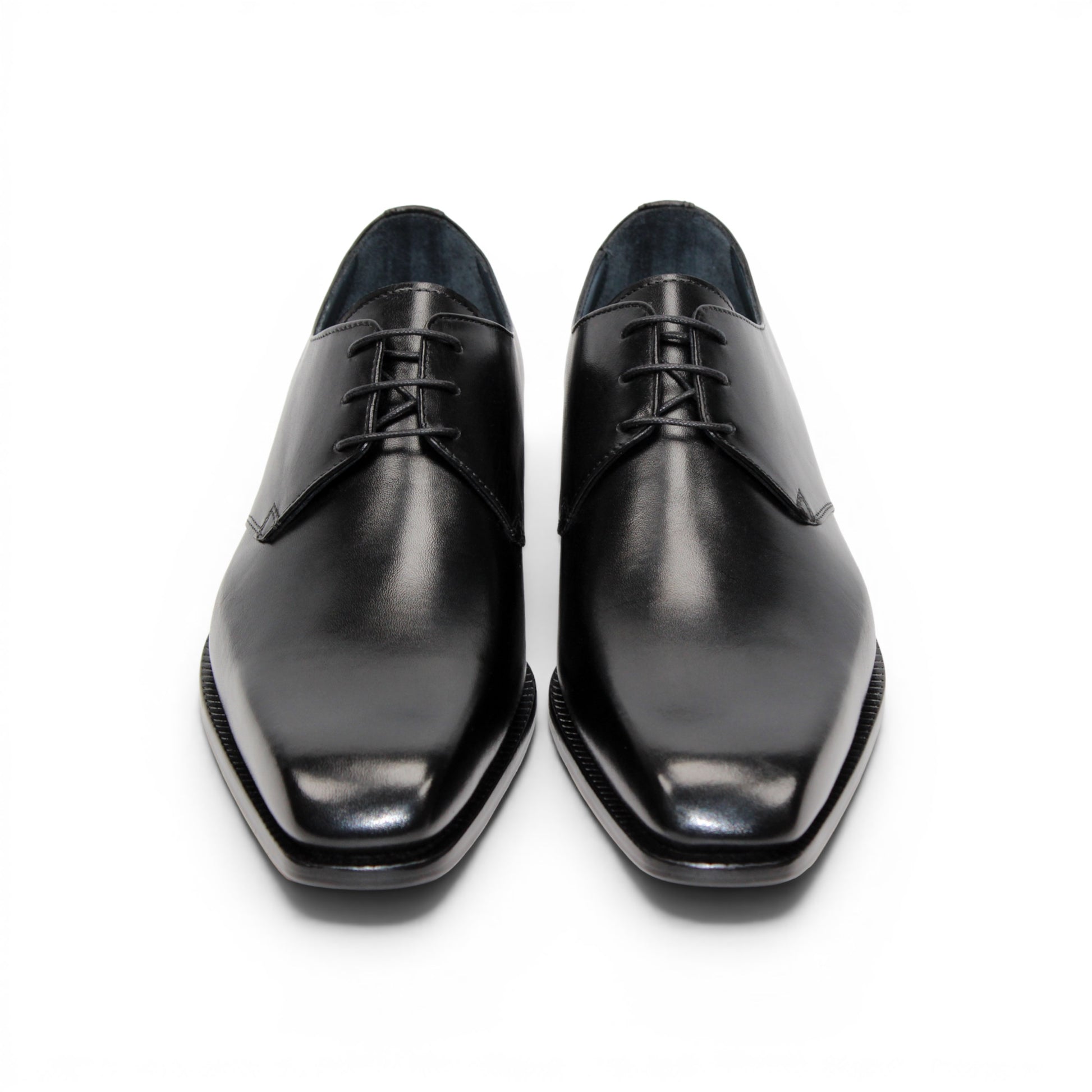 The Duca Sermoneta Black by Duca Di Matiste is a sleek, polished Italian leather dress shoe with laces and a low heel, exuding classic elegance against a white background.
