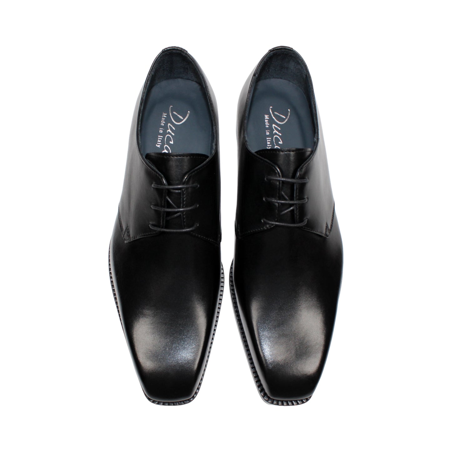 The Duca Sermoneta Black by Duca Di Matiste is a sleek, polished Italian leather dress shoe with laces and a low heel, exuding classic elegance against a white background.
