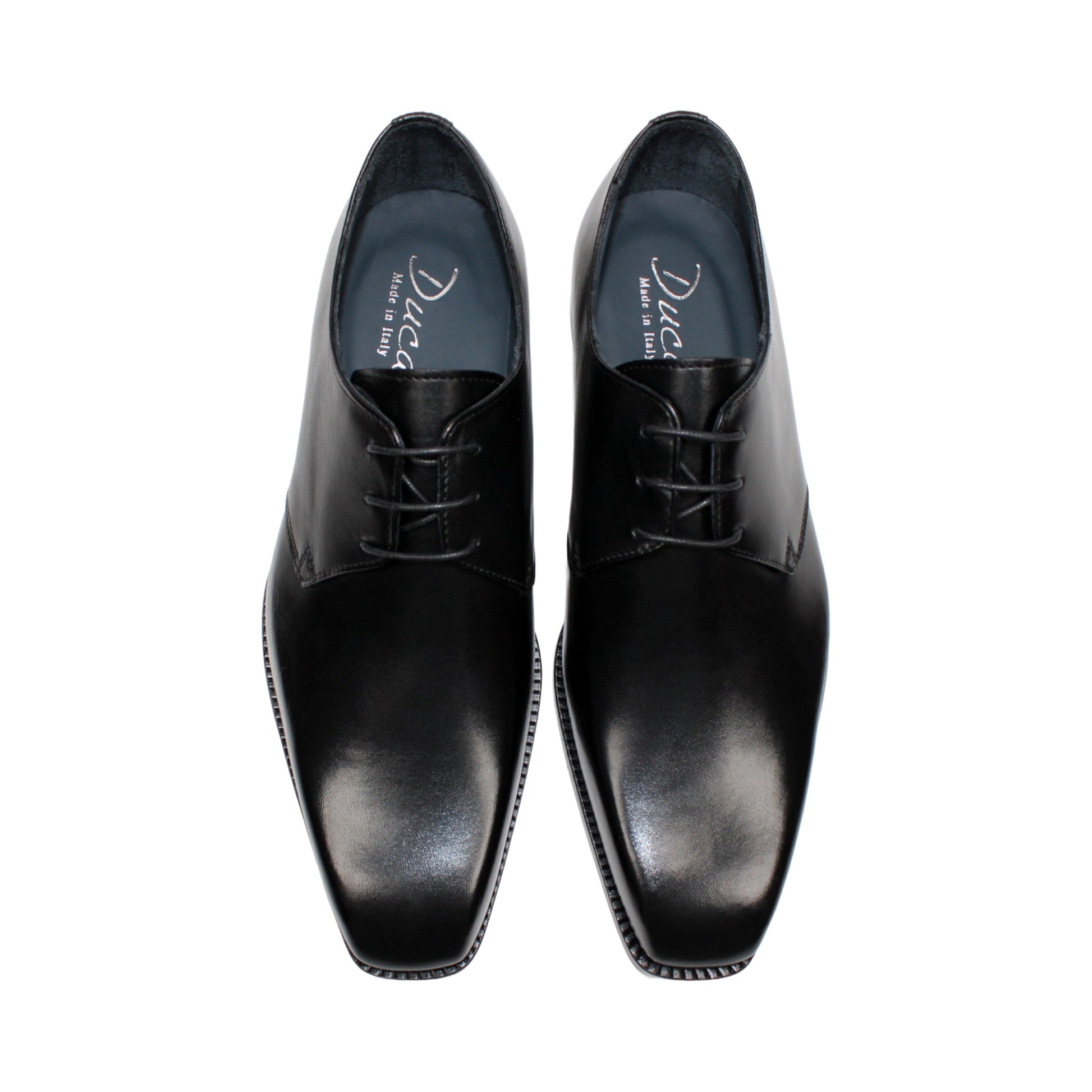 The Duca Sermoneta Black by Duca Di Matiste is a sleek, polished Italian leather dress shoe with laces and a low heel, exuding classic elegance against a white background.