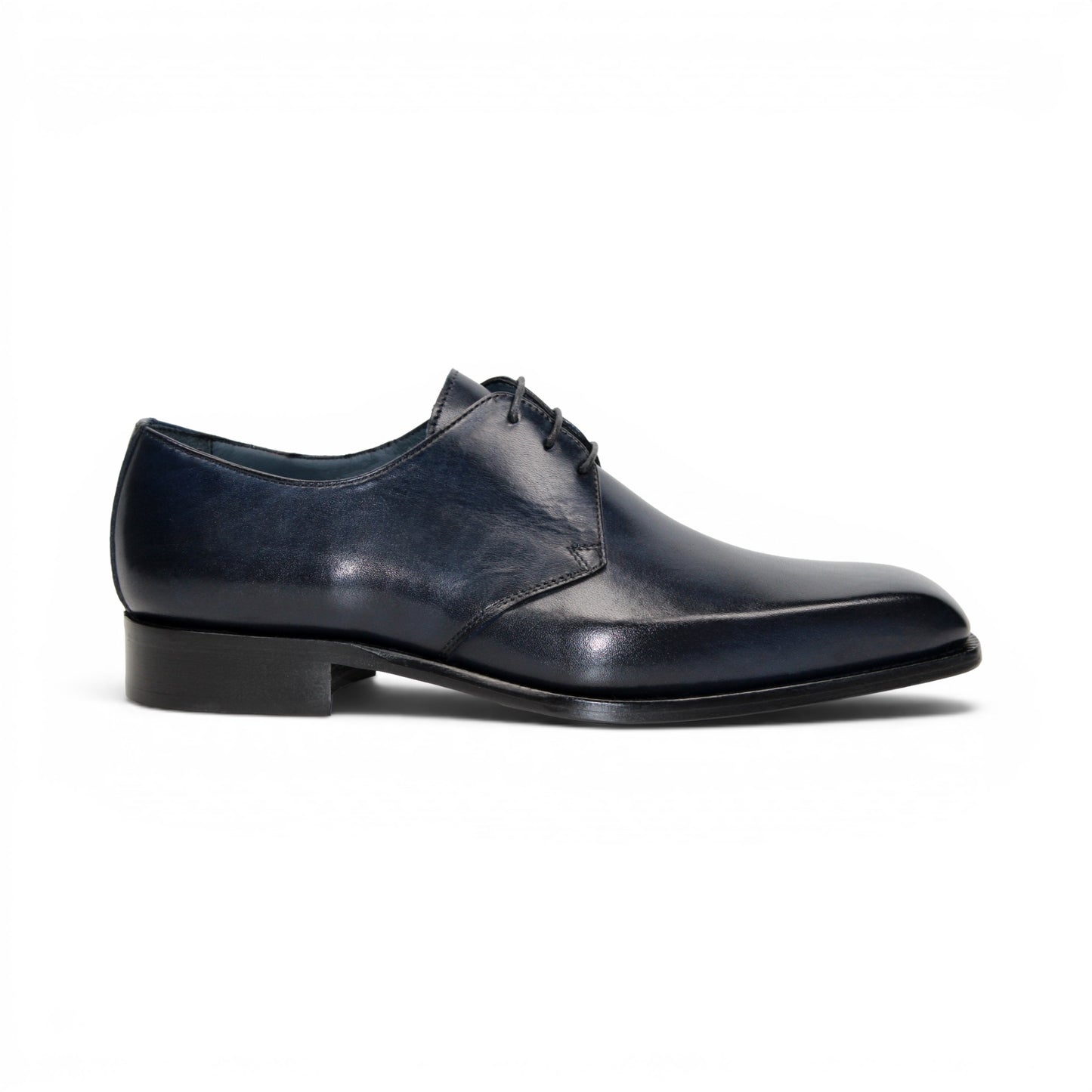 A side view of the Duca Sermoneta Navy by Duca Di Matiste—a navy leather oxford dress shoe with laces, crafted from premium calf leather, displayed on a white background.