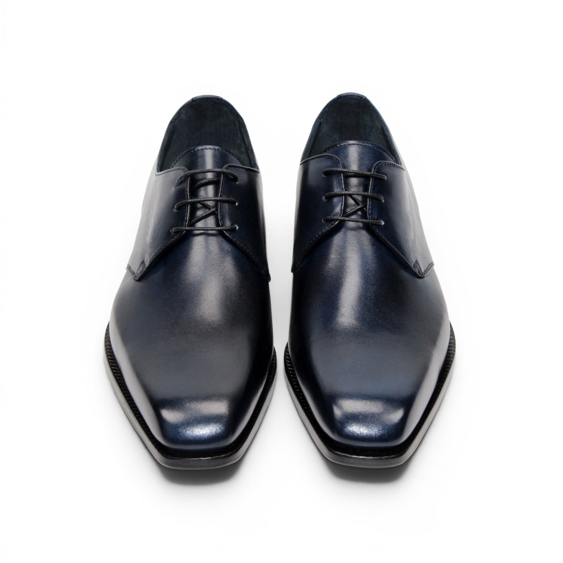 A side view of the Duca Sermoneta Navy by Duca Di Matiste—a navy leather oxford dress shoe with laces, crafted from premium calf leather, displayed on a white background.