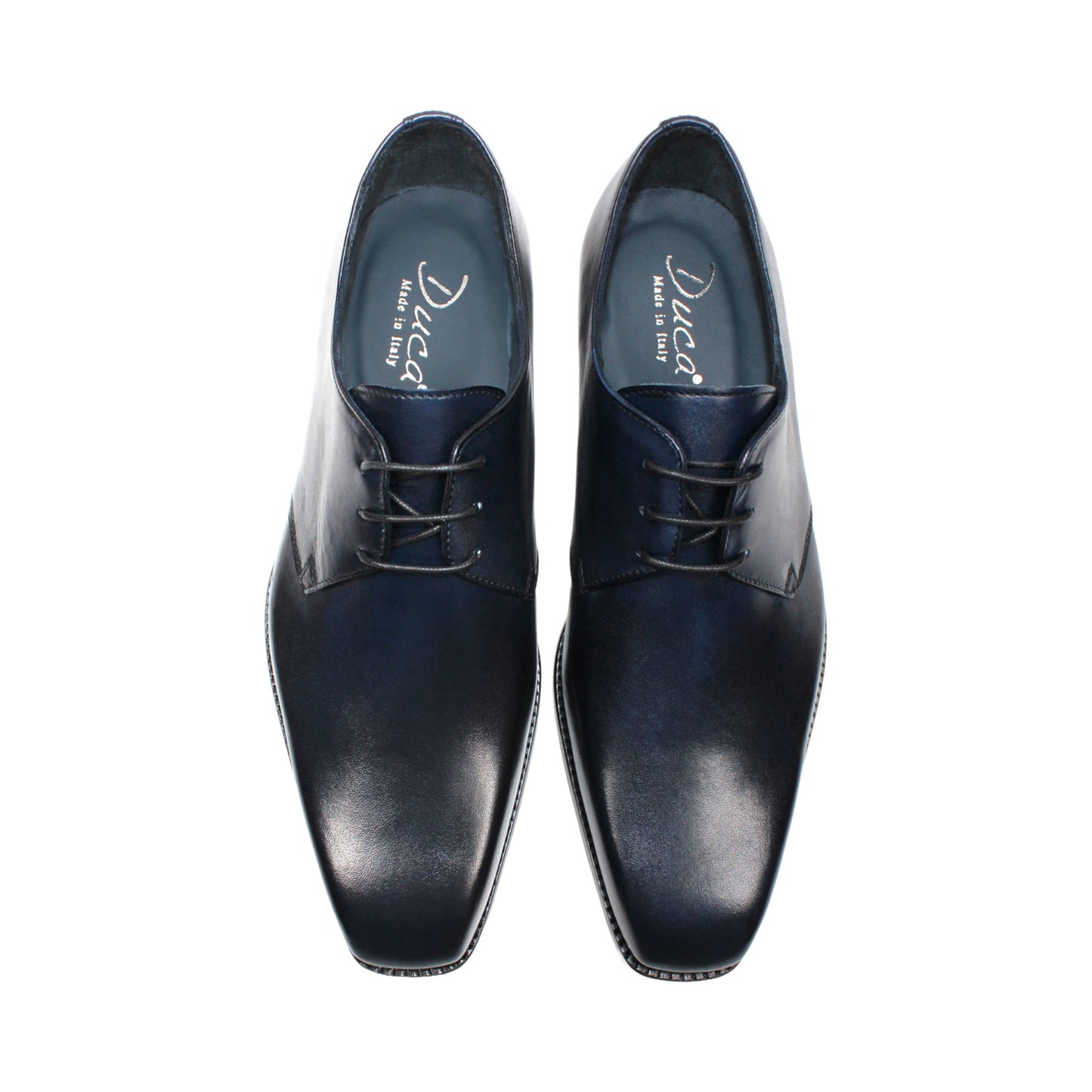 A side view of the Duca Sermoneta Navy by Duca Di Matiste—a navy leather oxford dress shoe with laces, crafted from premium calf leather, displayed on a white background.