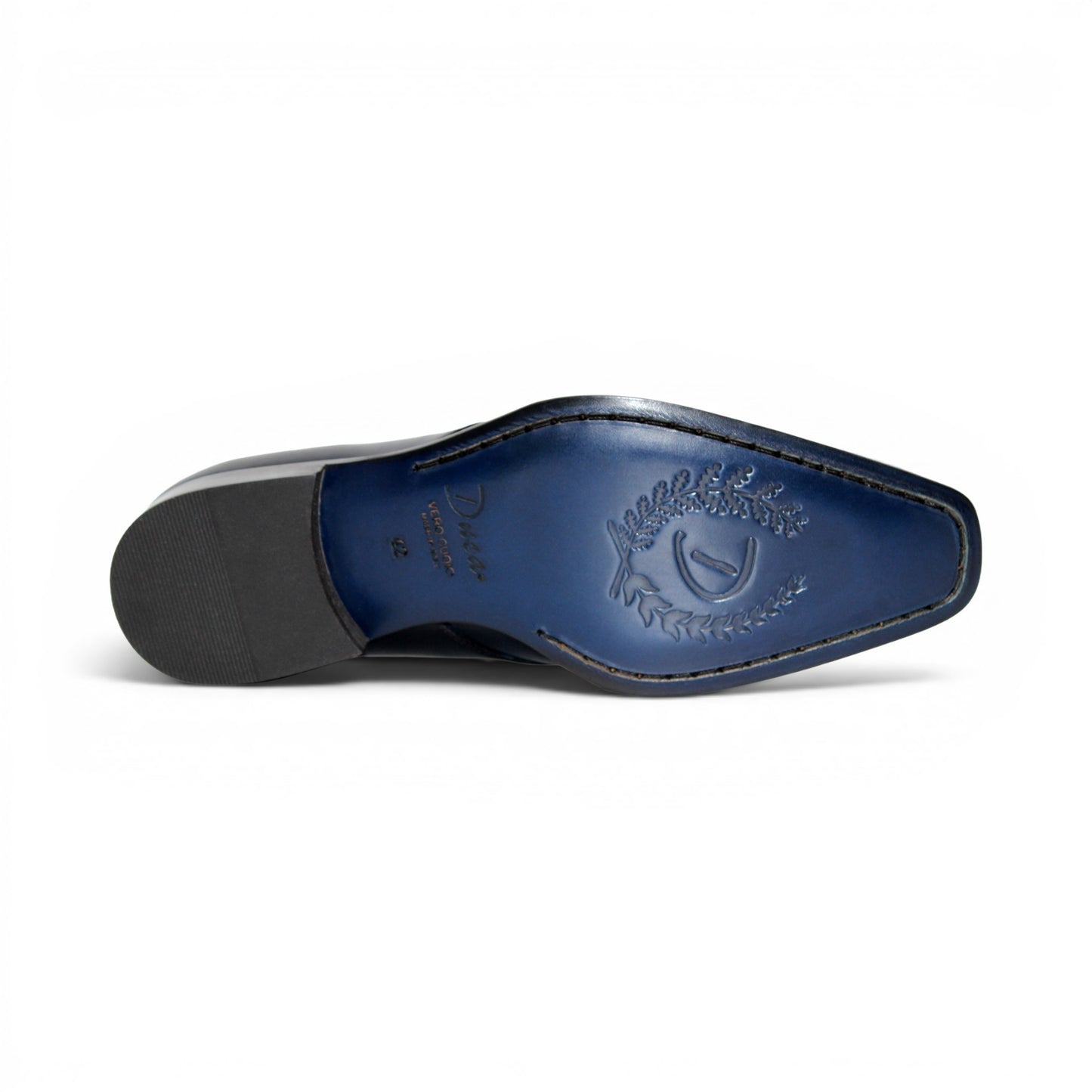 A side view of the Duca Sermoneta Navy by Duca Di Matiste—a navy leather oxford dress shoe with laces, crafted from premium calf leather, displayed on a white background.