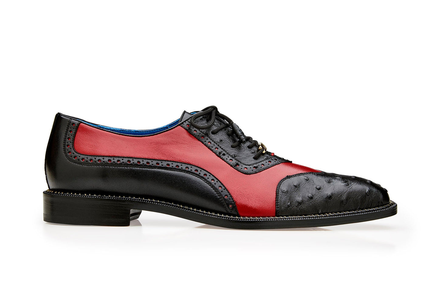 The Belvedere - Sesto is a black/red wing tip dress shoe crafted from genuine ostrich quill and Italian leather, featuring decorative perforations and textured toe cap details.