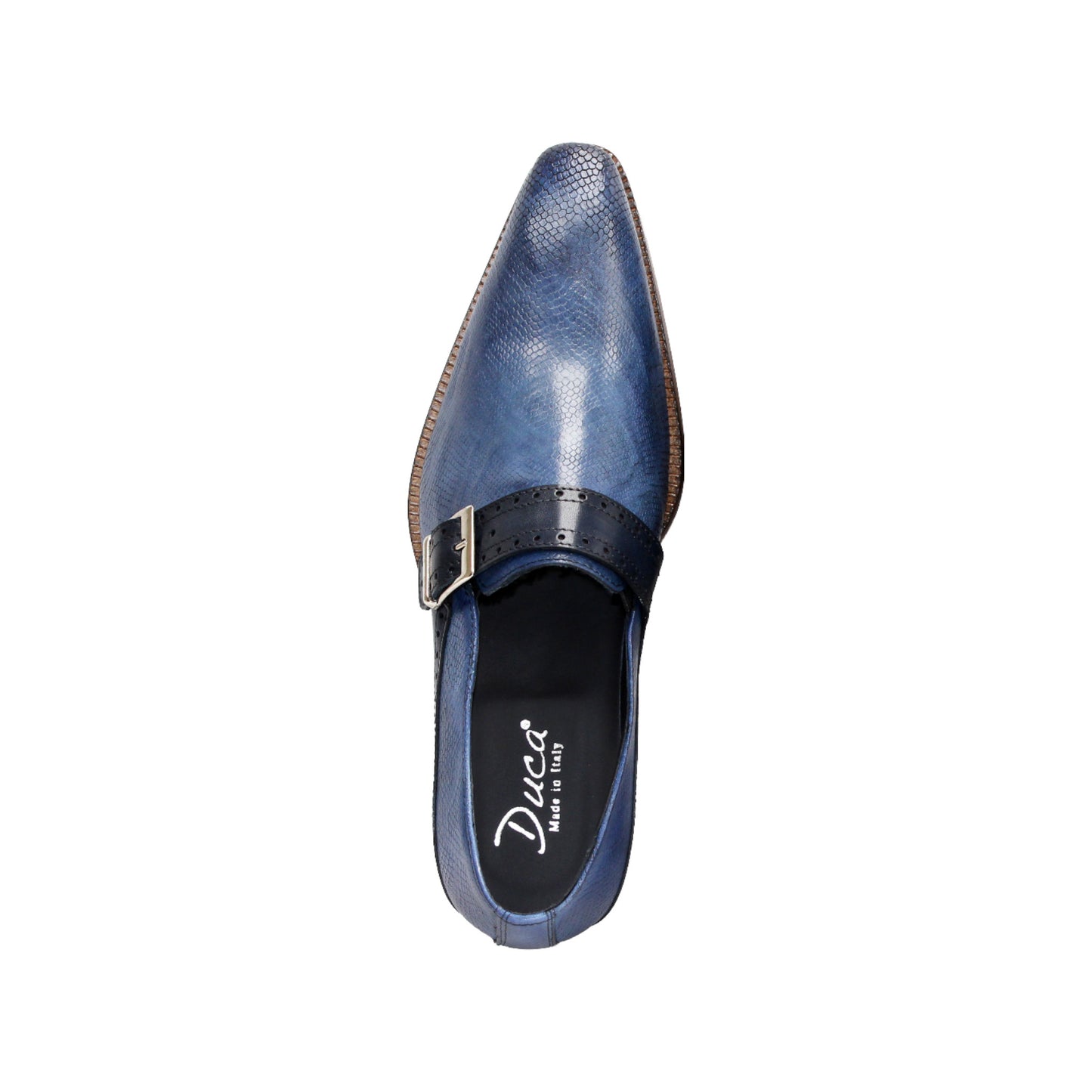 The Duca Di Matiste Duca Sezze Powder Blue/Navy is a luxury leather shoe with blue texture, side buckle, low wooden heel, and pointed toe, crafted in Italy and shown on a white background.