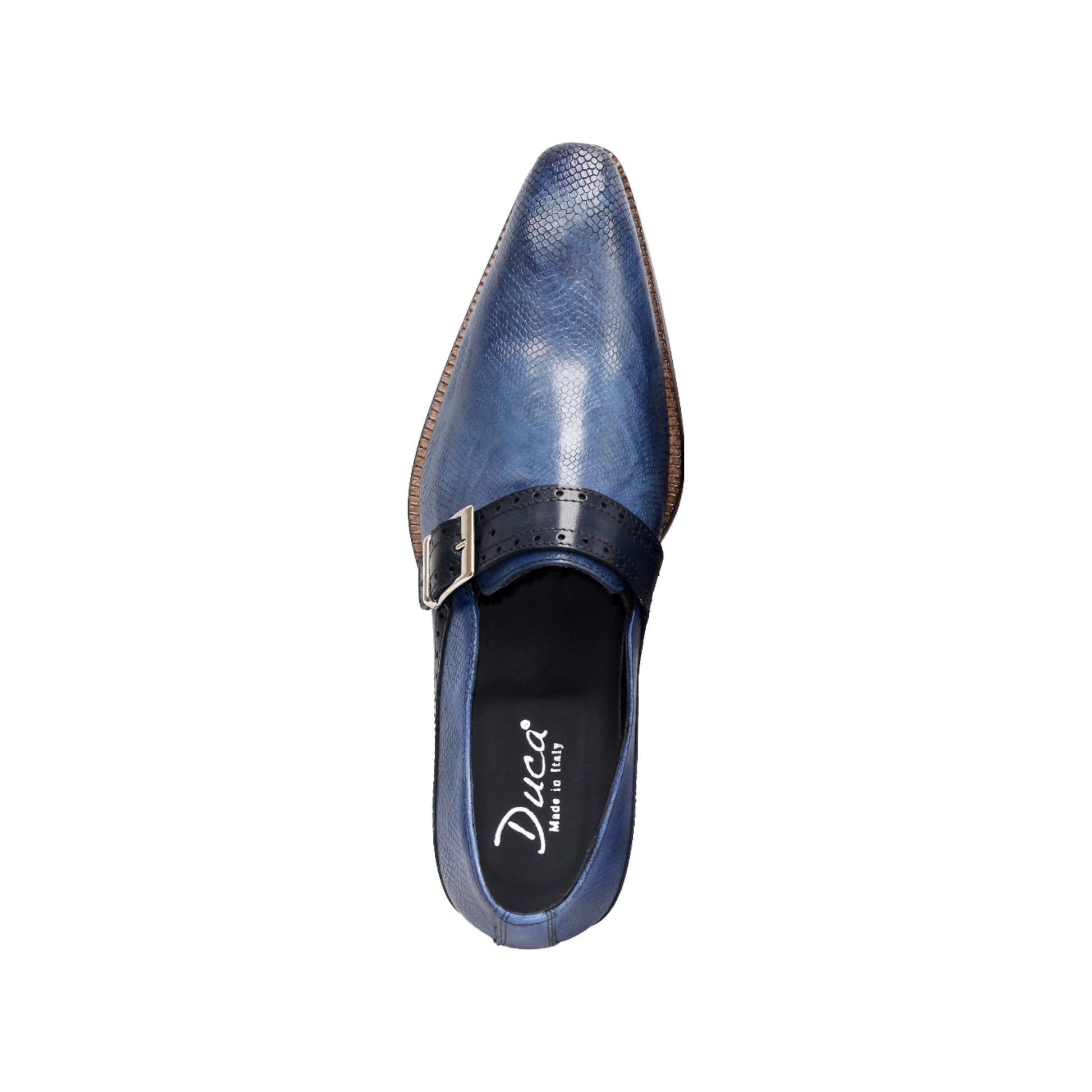 The Duca Di Matiste Duca Sezze Powder Blue/Navy is a luxury leather shoe with blue texture, side buckle, low wooden heel, and pointed toe, crafted in Italy and shown on a white background.