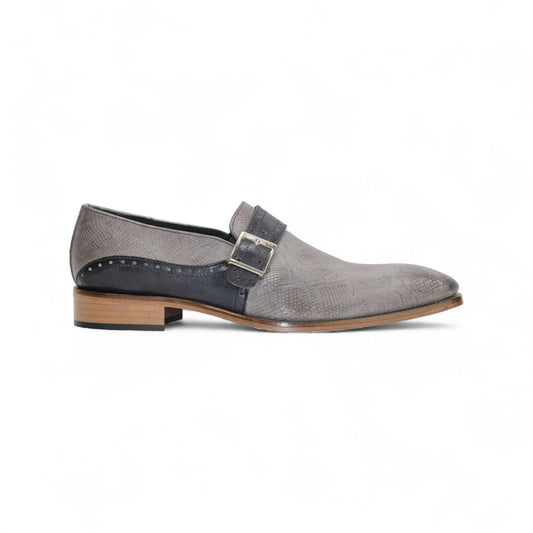The Duca Sezze Light Grey/Dark Grey by Duca Di Matiste is a luxury leather shoe with a black strap, silver buckle, wooden sole, and low heel. Shown in profile view on a white background.