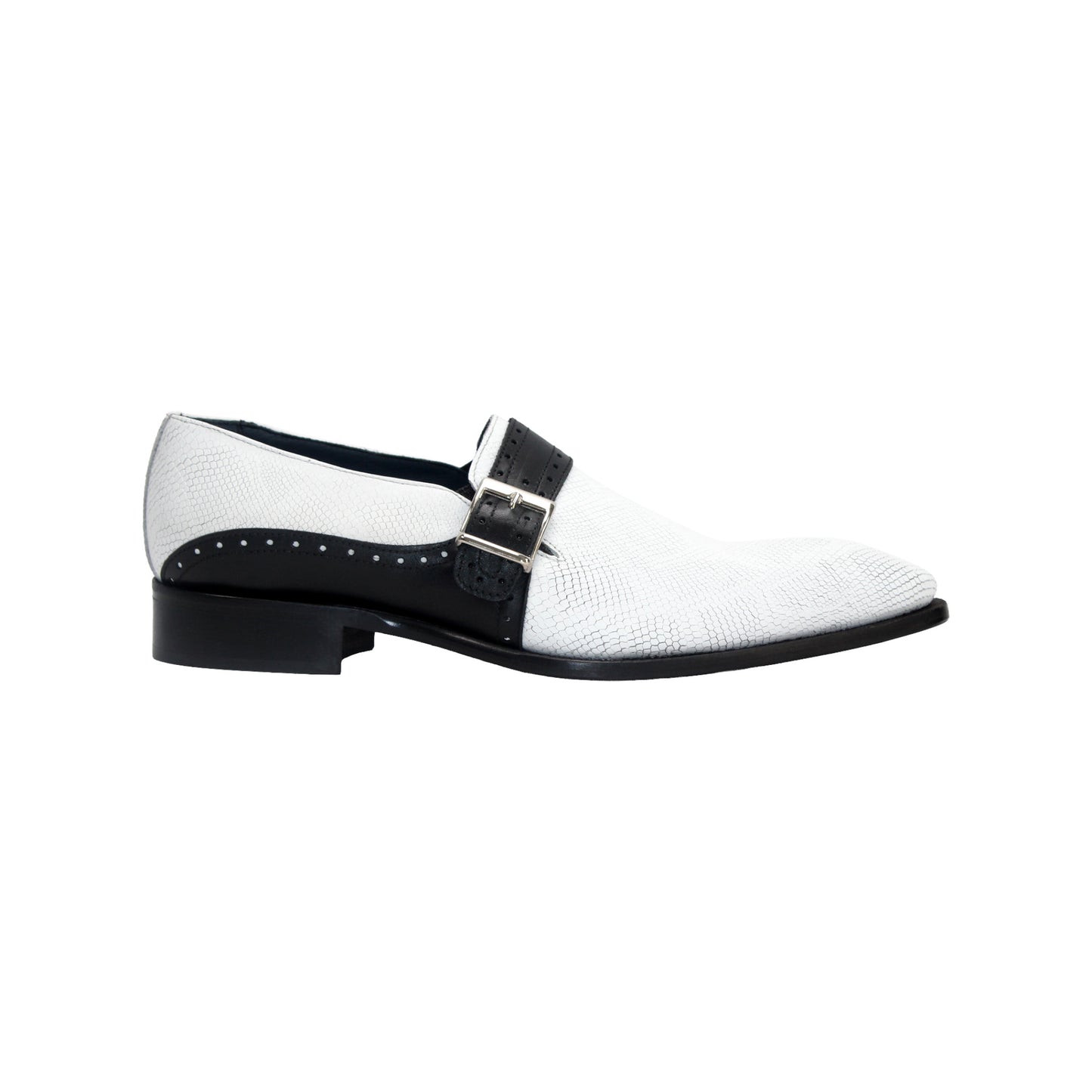 The Duca Di Matiste Duca Sezze White/Black is a white textured dress shoe with a black strap, buckle, low black heel, and pointed toe, highlighting Italian craftsmanship in a side profile on a white background.